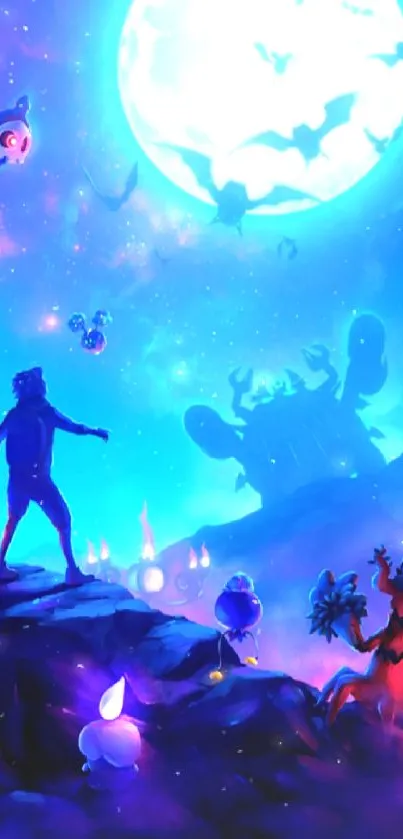 A fantasy scene with characters under a glowing blue moonlit sky.