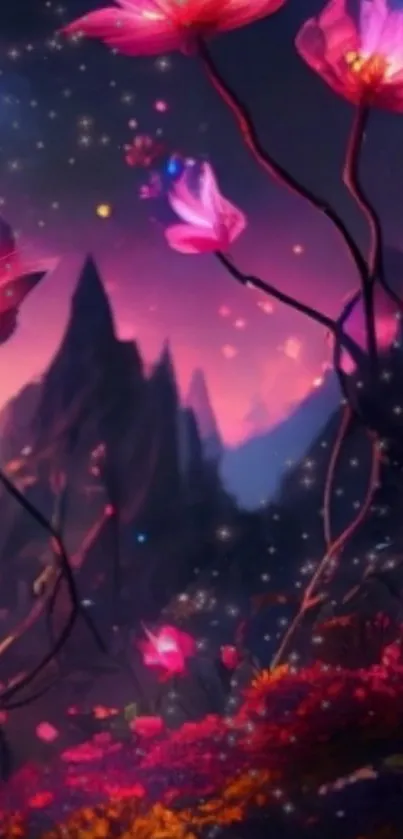 Fantasy wallpaper with glowing pink flowers under a starry night sky.