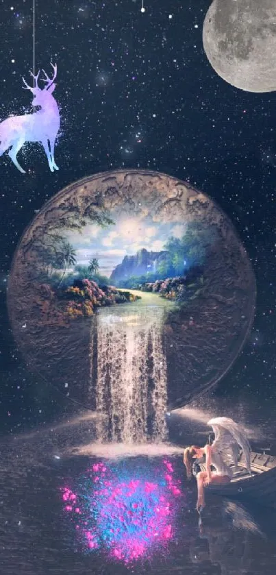 Fantasy wallpaper with moon, deer, and waterfall under a starry night sky.