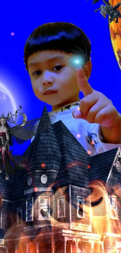 Child and mythical creatures over a fantasy house with blue night sky.