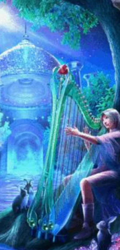 Enchanted harpist and animals under a starlit sky.