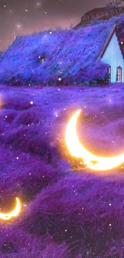 Purple fantasy night scene with glowing crescent moons and a forest backdrop.