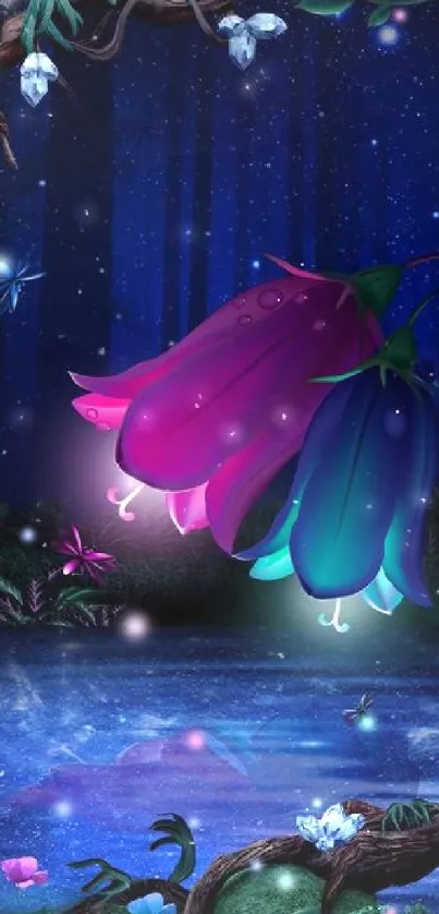 Enchanted night scene with glowing flowers.