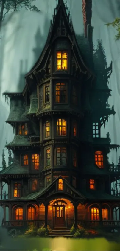 Enchanted house with glowing windows in a dark misty forest.