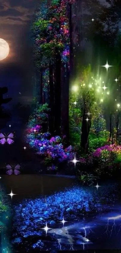 Enchanted forest at night with vibrant colors and a full moon.