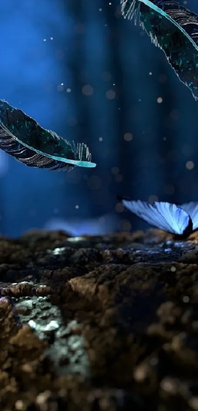 Enchanted night forest with glowing butterflies and mushrooms.