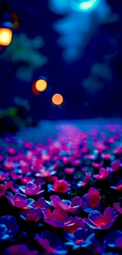 Enchanted night garden with glowing flowers and lanterns.