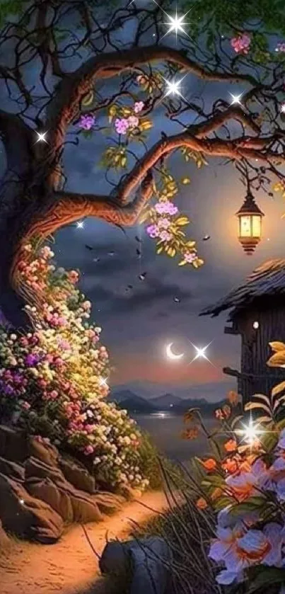 Enchanted garden at night with lantern and flowers.