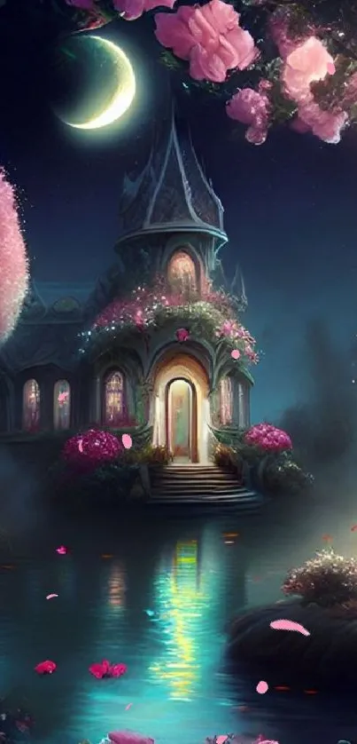 Enchanted night garden with a cottage, crescent moon, and mystical flowers.