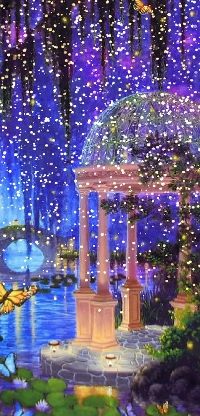 Enchanted garden with glowing butterflies at night.