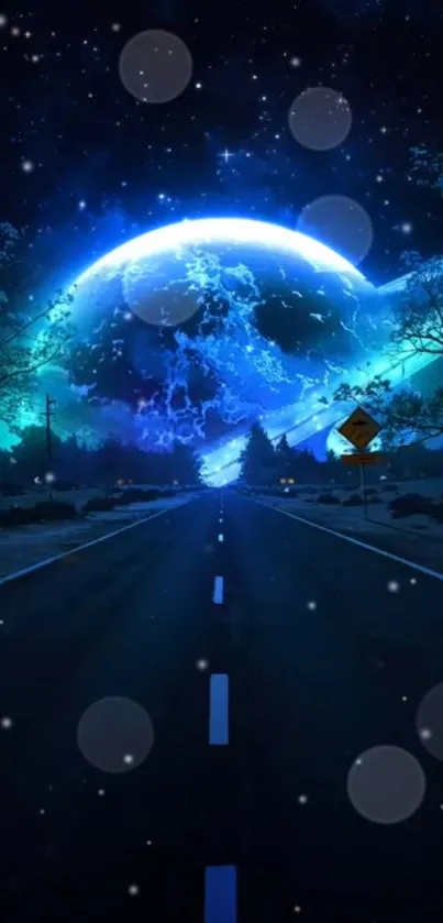 Nighttime highway with a glowing cosmic background and starry sky.