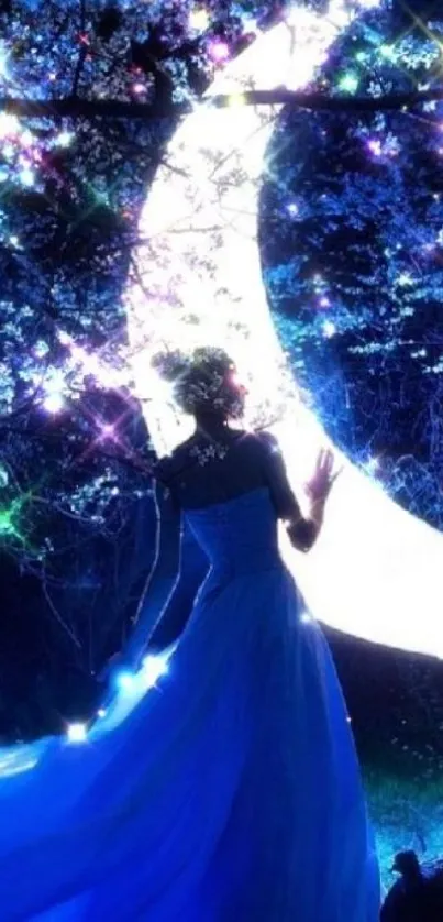 Mystical figure in blue dress under moonlit night sky.