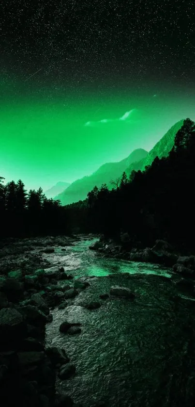 A mesmerizing green night sky over a mountain river landscape.