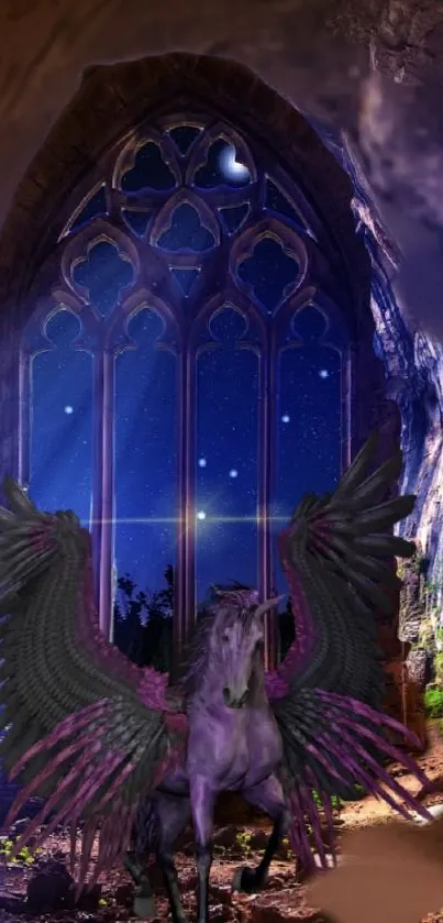 Enchanted pegasus beneath a starry night sky in a gothic archway.