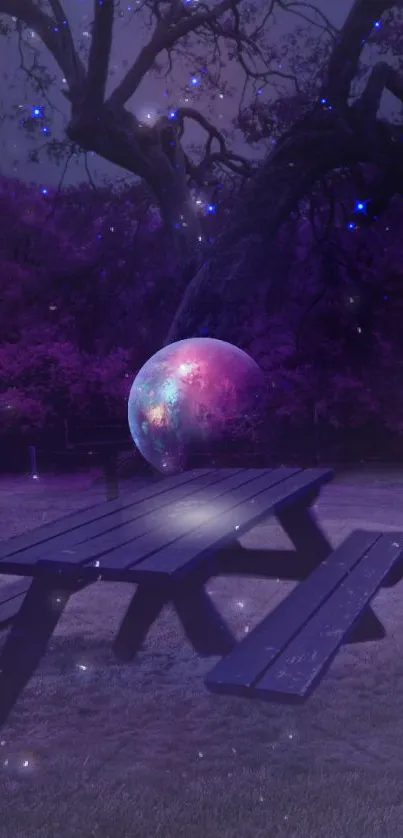 Mystical night picnic table under starry purple sky.