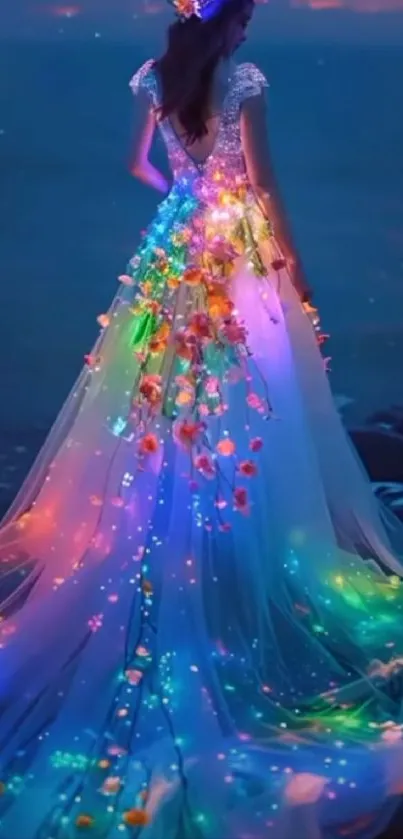 A woman in a rainbow-lit flowing dress by the ocean at night.