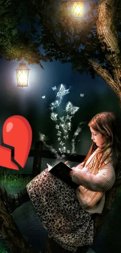 Girl reading in tree under lanterns with butterflies at night.