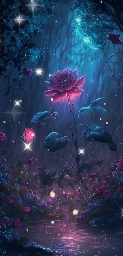 Enchanted night scene with glowing pink rose and mystical lighting.