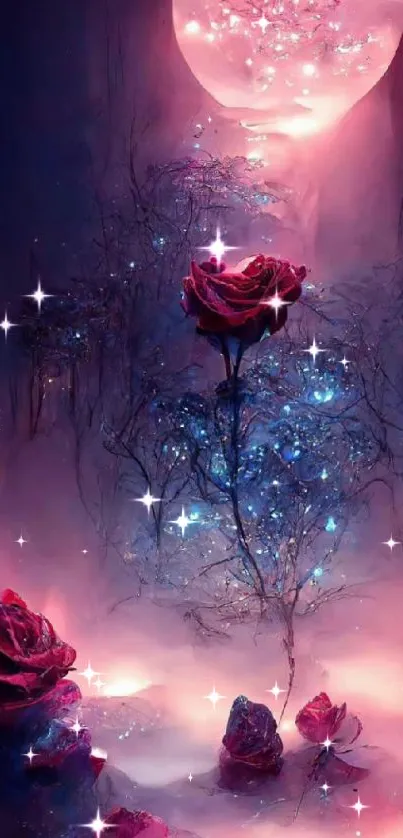 Enchanted scene with glowing purple roses and stars in a fantasy night setting.