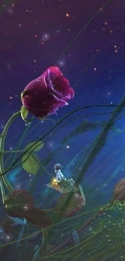 Enchanted rose in a starry night scene on a phone wallpaper.