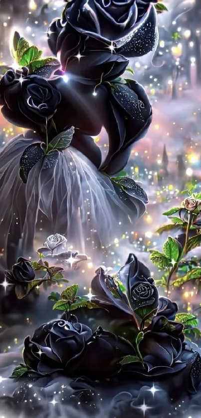 Enchanted black roses with ethereal lights in a mystical night scene.