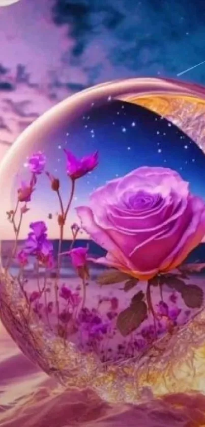 Purple rose in glass sphere by the ocean under a starry night sky.