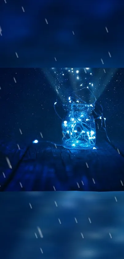 Jar of glowing lights under a starry night sky in dark blue hues.