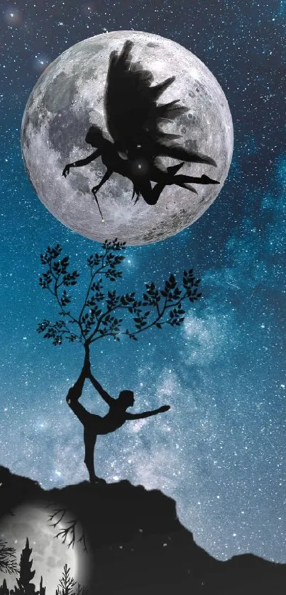 Silhouette figure under full moon in enchanting night sky wallpaper.