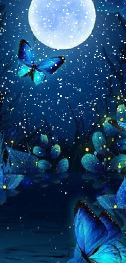 Luminous blue butterflies under a moonlit sky in a magical, enchanted night scene.