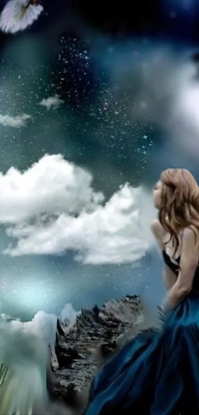 Woman gazing at stars amidst mystical night sky wallpaper.