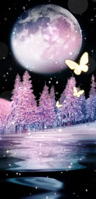 Fantasy night scene with moon, butterflies, and snowy purple forest reflecting on water.
