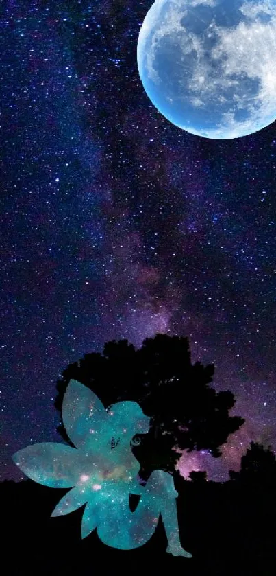 Silhouette of a fairy under a starry night sky with a glowing moon.