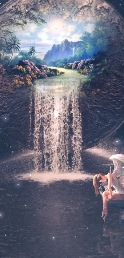 Fantasy night sky wallpaper with waterfall and stars.