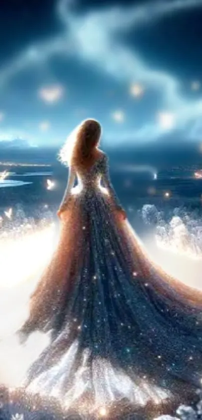 Silhouette of a woman under a starry night sky, in a shimmering dress surrounded by light.