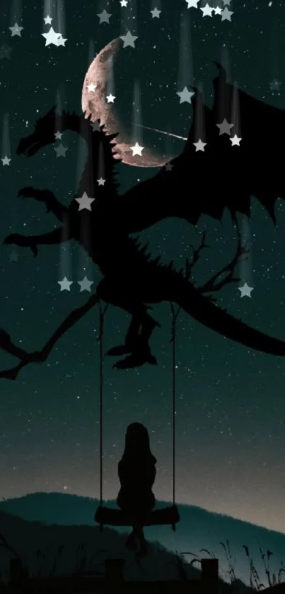 Dragon and girl in a mystical night scene with crescent moon.