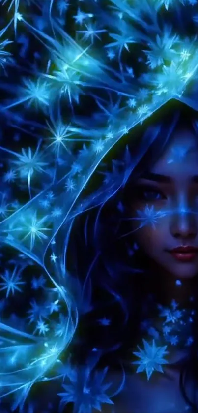 Mystical artwork with blue night sky and portrait