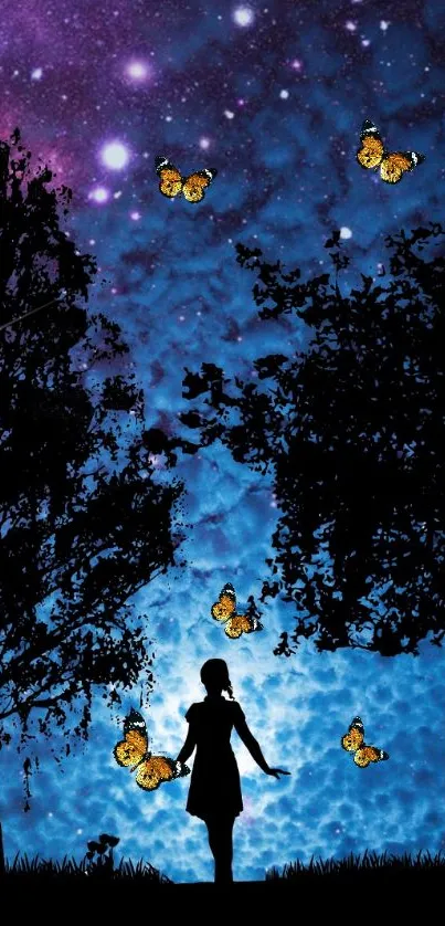 Silhouette of girl with butterflies under a blue starry sky.