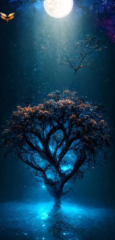 Mystical tree under a moonlit night sky wallpaper.