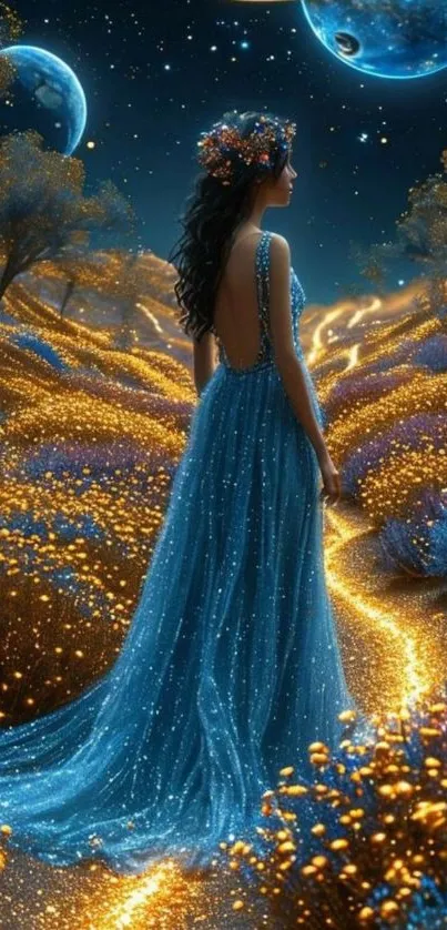 Woman in blue dress under starry night sky.