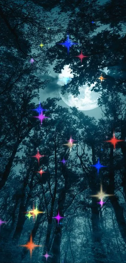 Mystical forest under a moonlit sky with colorful stars in a magical night scene.