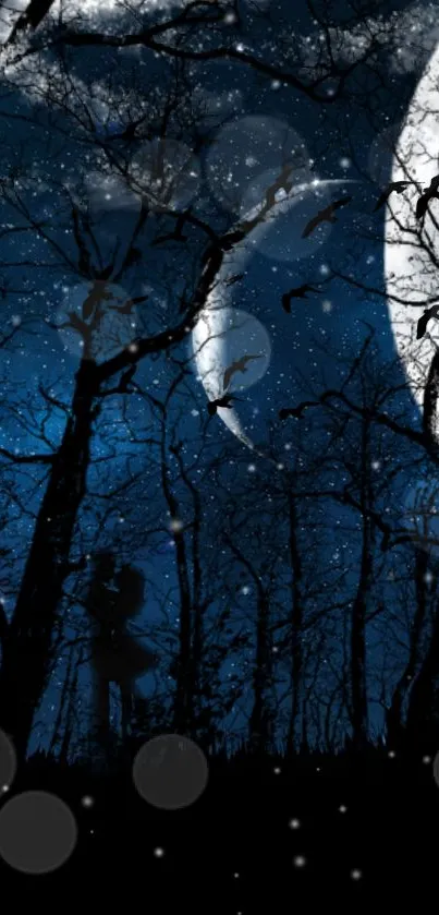 Enchanted night sky with a full moon and silhouetted trees, perfect for mobile wallpaper.