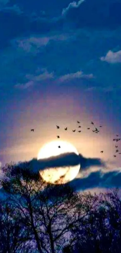 Full moon behind trees and birds in a night sky wallpaper.