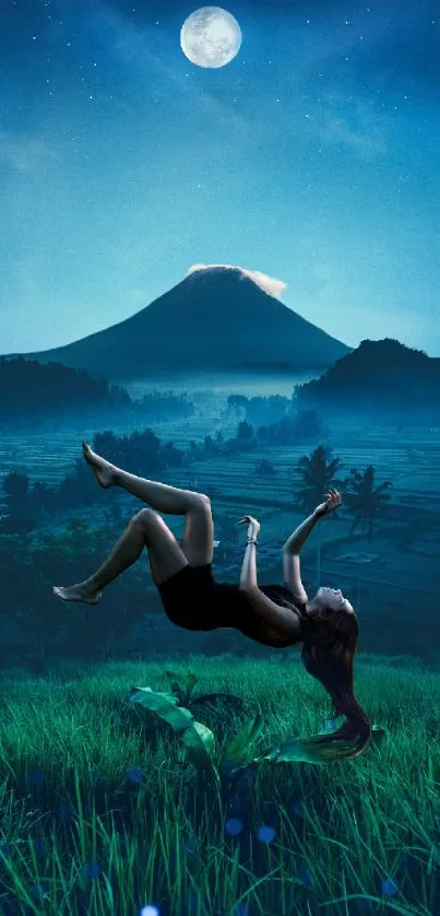 Floating figure under a blue night sky with a moon and mountain in the distance.