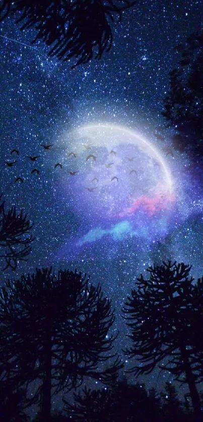 Enchanted night sky with moon, stars, and silhouette trees.