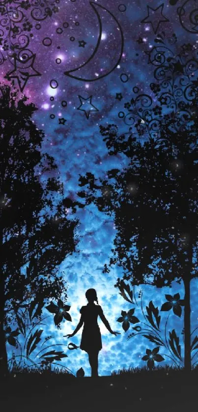 Silhouette under night sky with trees and cosmic elements.