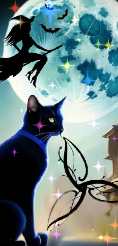 Mystical night scene with black cat, full moon, and witch in blue hues.