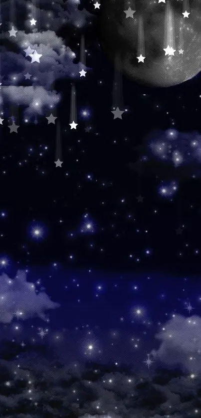 Starry night sky with a full moon and glowing clouds wallpaper.