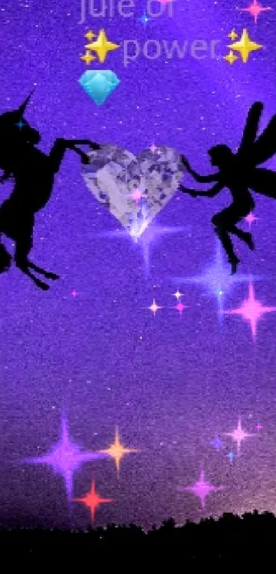 Unicorn and fairy silhouette on a purple starry night sky wallpaper.