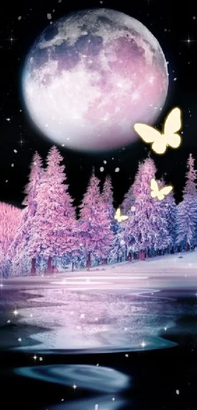 Enchanted night sky with a full moon, butterflies, and a purple forest.