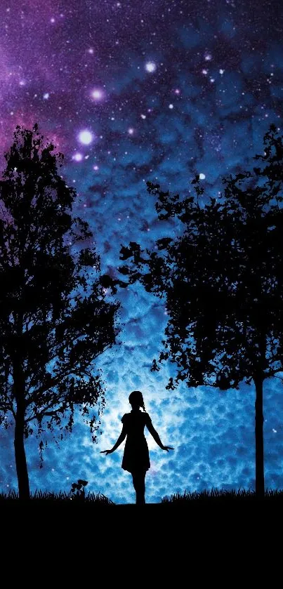 Silhouetted figure under vibrant starry night sky with trees.